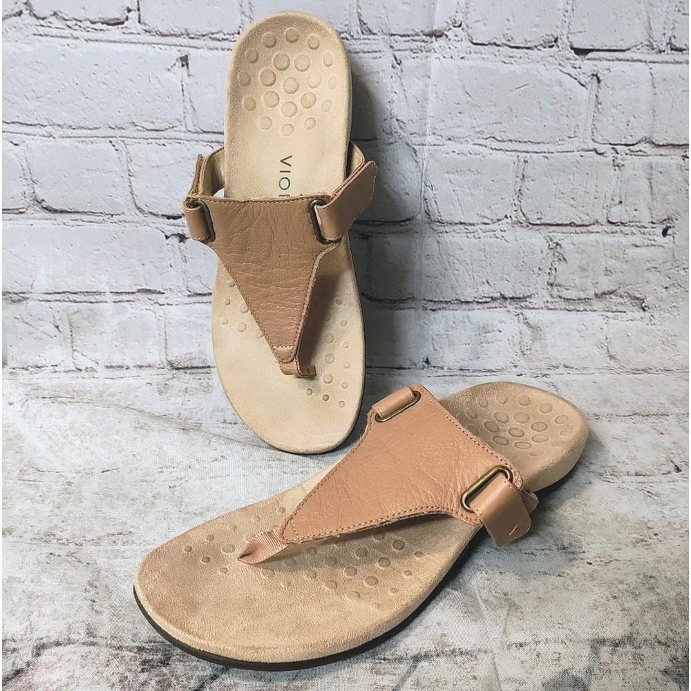 Vionic Wanda Tan Leather T-Strap Orthotic Thong Sandals Womens 9